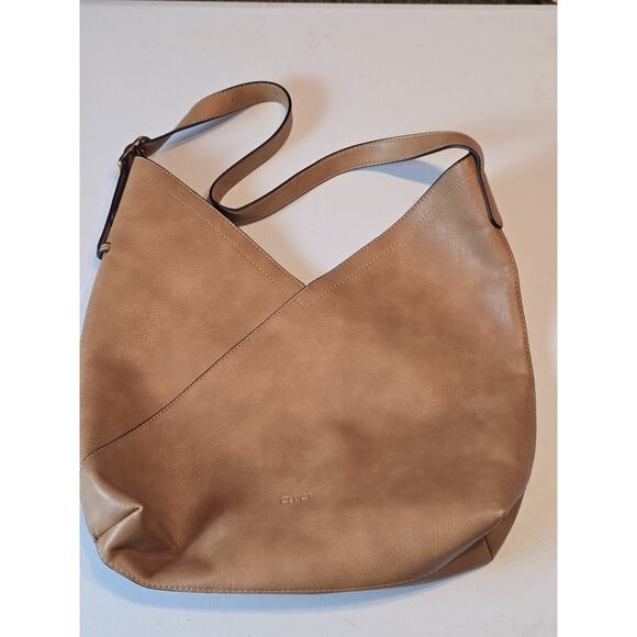 CLUCl Hobo Bag Vegan Leather V Design Designer Tote Tan Color EUC - Picture 2 of 8